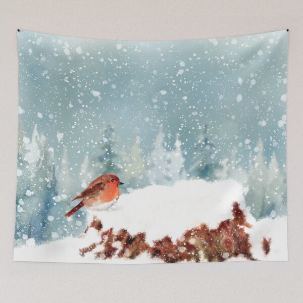 Item preview, Robin perched on a tree stump in the snowfall. Original painting. designed and sold by WatercolourLily.