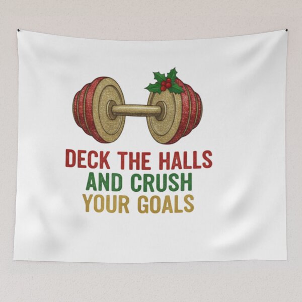 Item preview, Christmas Workout T-Shirt: Festive Dumbbell Ornament with Holly. Deck the Halls and Crush Your Goals Quote designed and sold by ZyxDes.