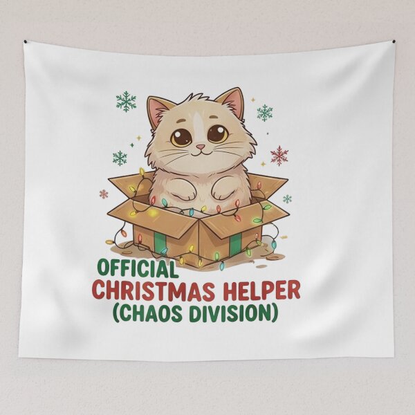 Item preview, Official Christmas Helper (Chaos Division) Cat T-Shirt: Funny Feline in Gift Box with Lights & Snowflakes designed and sold by ZyxDes.