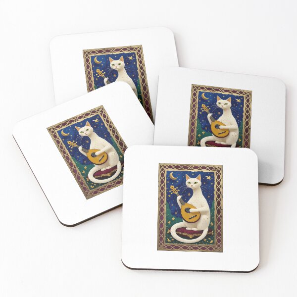 Artikelvorschau, Cremefarbene Katze spielt Laute, mittelalterliche Kunst entworfen und verkauft von PictorialWhimsy.