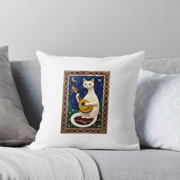 Artikelvorschau, Cremefarbene Katze spielt Laute, mittelalterliche Kunst entworfen und verkauft von PictorialWhimsy.