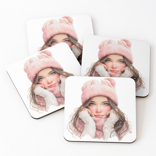 Item preview, pastel watercolor girl wearing a pink beanie and scarf designed and sold by Teecha45.