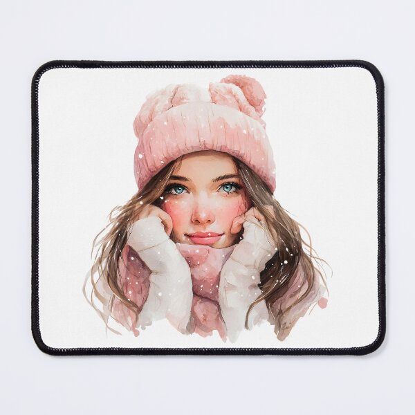 Item preview, pastel watercolor girl wearing a pink beanie and scarf designed and sold by Teecha45.