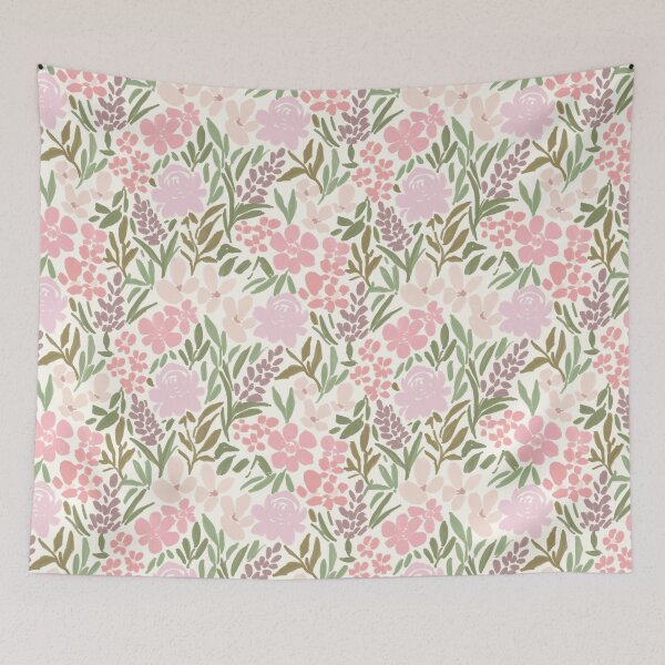 Item preview, Cute loose painterly shades of pink spring floral blooms and green leaves all over designed and sold by PrettywithColor.