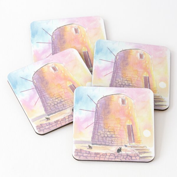 Item preview, Charming Greek Island Windmill Mediterranean at Sunset with Cats designed and sold by artshop77.