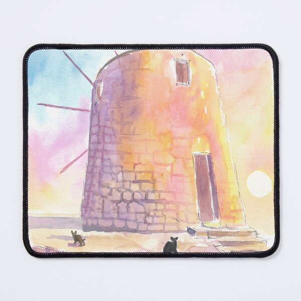 Item preview, Charming Greek Island Windmill Mediterranean at Sunset with Cats designed and sold by artshop77.