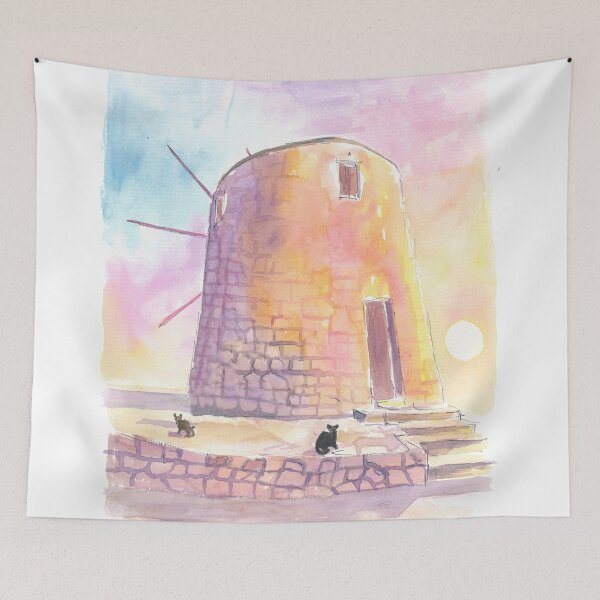 Item preview, Charming Greek Island Windmill Mediterranean at Sunset with Cats designed and sold by artshop77.