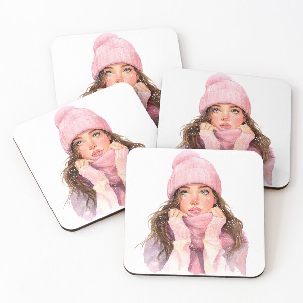 Item preview, pastel watercolor girl wearing a pink beanie and scarf designed and sold by Teecha45.