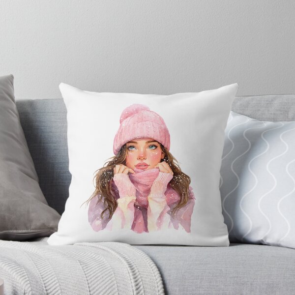 Item preview, pastel watercolor girl wearing a pink beanie and scarf designed and sold by Teecha45.