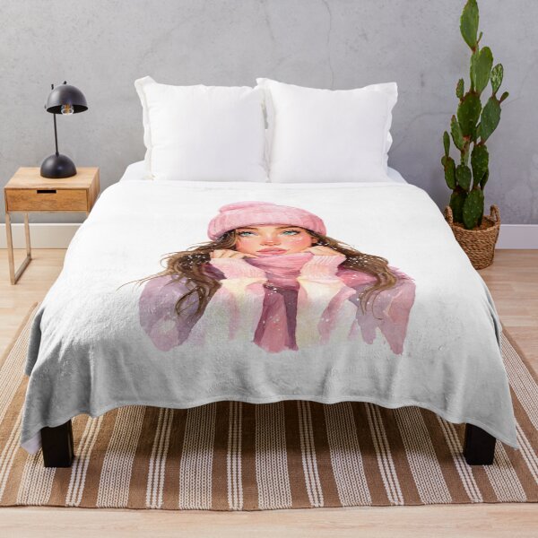 Item preview, pastel watercolor girl wearing a pink beanie and scarf designed and sold by Teecha45.