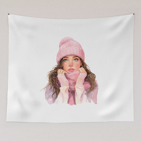Item preview, pastel watercolor girl wearing a pink beanie and scarf designed and sold by Teecha45.
