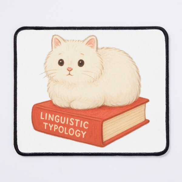 Item preview, Linguistic Typology Cat – Fluffy White Cat on a Red Book designed and sold by Nerd Romance Café.