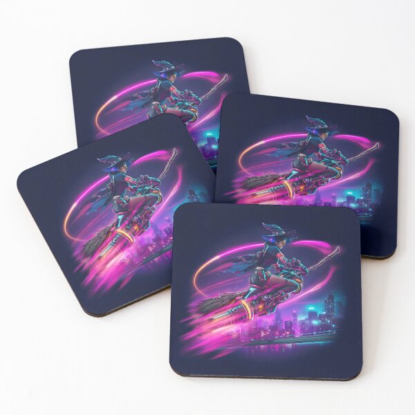 Item preview, Cyber Witch – Futuristic Neon Witch Flying Over Cyberpunk City Wall Art designed and sold by STITCHDROID.