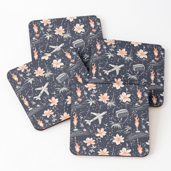 Item preview, Tropical Flowers, Palm Trees, Torches, Planes & Suitcases on Dark Background – Island Itinerary designed and sold by The Print Parlor.
