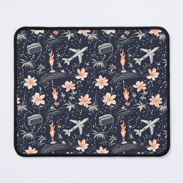 Item preview, Tropical Flowers, Palm Trees, Torches, Planes & Suitcases on Dark Background – Island Itinerary designed and sold by The Print Parlor.