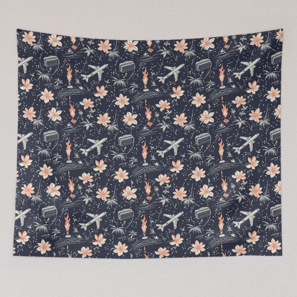 Item preview, Tropical Flowers, Palm Trees, Torches, Planes & Suitcases on Dark Background – Island Itinerary designed and sold by The Print Parlor.