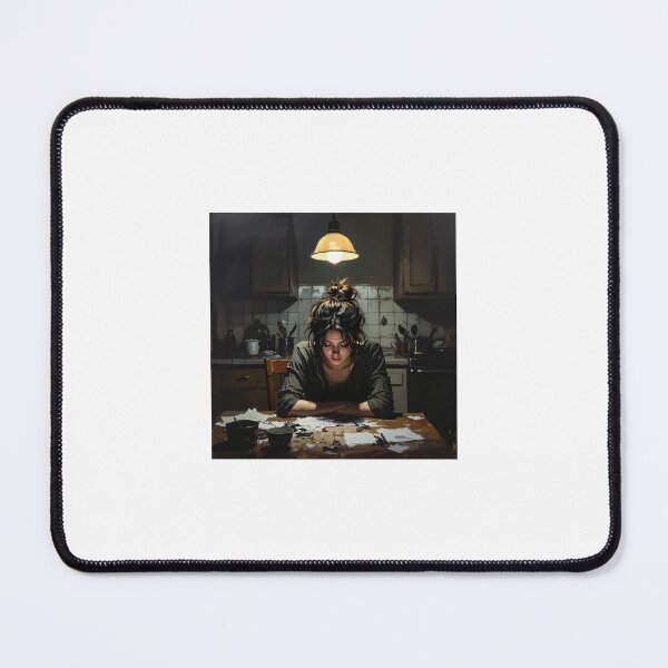 Item preview, Emotional Portrait – Exhausted Woman at Kitchen Table | Domestic Realism Art designed and sold by WhimsyByPaul.redbubble.com.