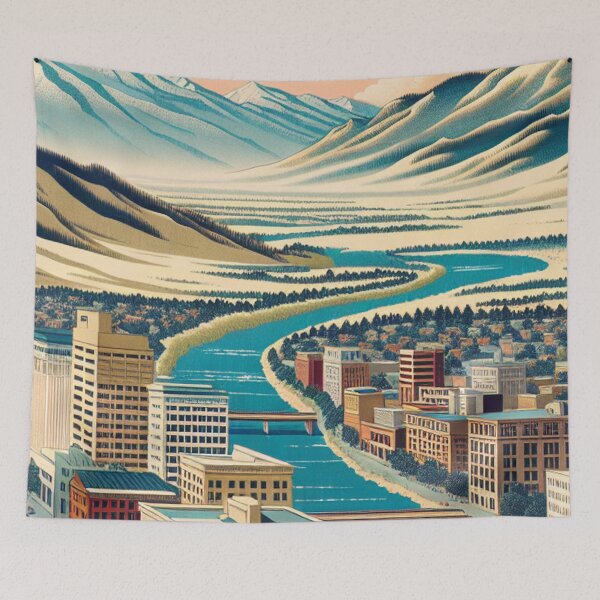 Item preview, Ukiyo-e Woodblock Print of Missoula, Montana – Edo-Style Japanese Landscape Fusion designed and sold by Vandy Fullam.