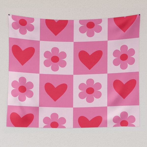 Item preview, Retro 70s Checkered Hearts and Daisies in Bubblegum Pink designed and sold by Yasminepatterns .
