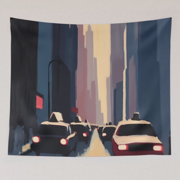 Item preview, Urban City Street at Dusk - Minimal Skyline Art with Taxi Lights designed and sold by trajeado14.