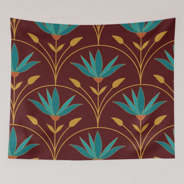 Item preview, Egyptian Art Deco Nouveau Lotus Flowers pattern in teal and gold designed and sold by Yasminepatterns .
