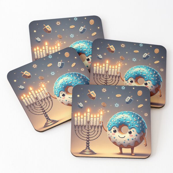 Item preview, HAPPY HANUKKAH // HANUKKAH SAMEACH - Sweet Hanukkah Magic – Cute Donut Lighting the Menorah designed and sold by YG - YiddisheGesheft.