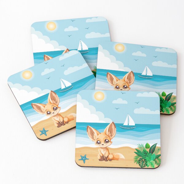 Item preview, Cute Fennec Fox on the Beach (Chibi/Kawaii) - Summer Sea Art designed and sold by Vandara - Your source of positivity and cute fennec foxes.