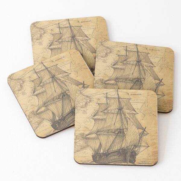 Item preview, Old Sailing Ship on Antique Map – Maritime Wall Art designed and sold by Mythic Tide.
