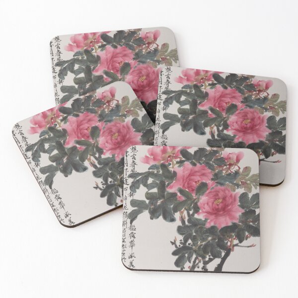 Item preview, Dramatic Pink Peonies with Ink-Black Leaves - Bold Chinese Flower Painting designed and sold by Artist-TangMC.