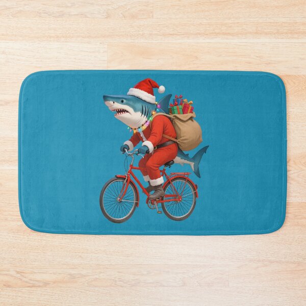 Item preview, A shark in a Santa suit is riding a bicycle. designed and sold by Kamoufleur.