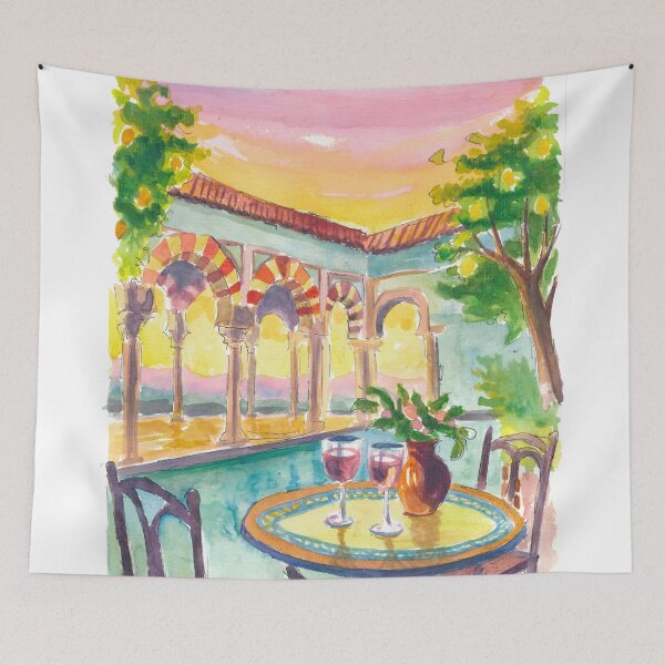 Item preview, Romantic Andalusian Patio at Sunset with Pool and Table for Two designed and sold by artshop77.