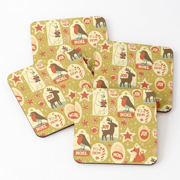 Item preview, Retro Christmas Gift Tags with Polar Bear Fox Robin Reindeer on Mustard Gold designed and sold by susycosta.