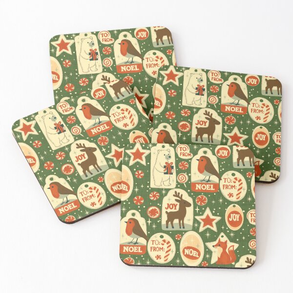 Item preview, Retro Christmas Gift Tags with Polar Bear Fox Robin Reindeer on Olive Green designed and sold by susycosta.