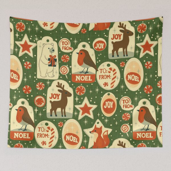 Item preview, Retro Christmas Gift Tags with Polar Bear Fox Robin Reindeer on Olive Green designed and sold by susycosta.