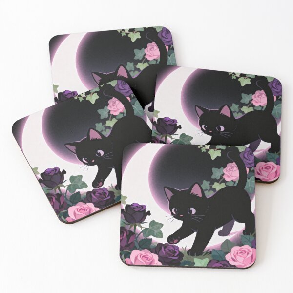 Item preview, Black Kitten in the Night – Moon, Roses & Quiet Magic designed and sold by HappySproutArt.