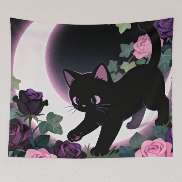 Item preview, Black Kitten in the Night – Moon, Roses & Quiet Magic designed and sold by HappySproutArt.