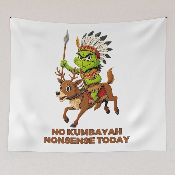 Item preview, No Kumbayah Nonsense Today – Green Grump Riding Reindeer designed and sold by JaaGo PopLab.