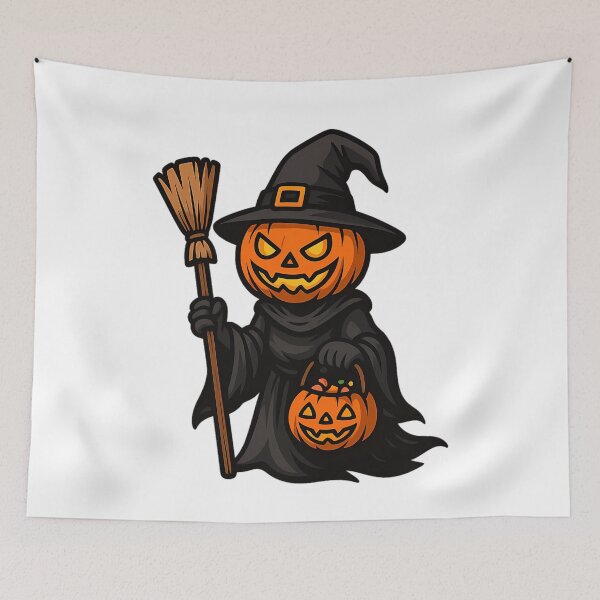 Item preview, Pumpkin-Head Witch With Broom  Creepy Halloween Cartoon designed and sold by hadley-gilbert.