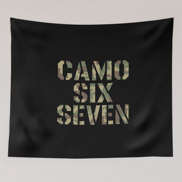 Item preview, Camo Six Seven – bold text design with camouflage fill in wide block lettering designed and sold by SaritaVerseArt.