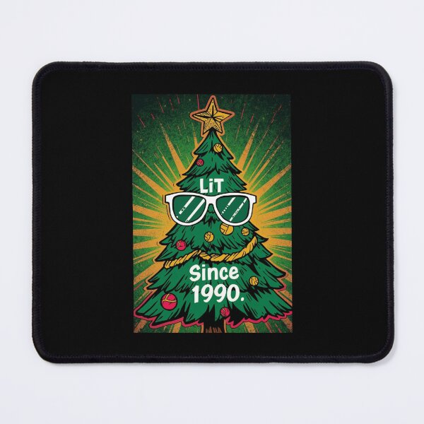Item preview,  Christmas tree wearing sunglasses ver 1 caption “Lit Since 1990.” with neon comic burst background. Colors: green, gold, pink.| Festive Holiday Humor Design designed and sold by mndesignworx.