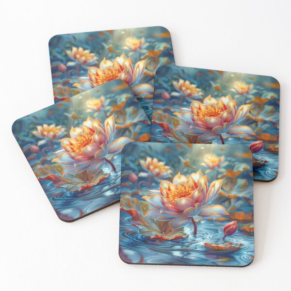 Item preview, Lotus Floral Art Beige and Orange Blossoms on Blue Lake designed and sold by MargaretWiktor.