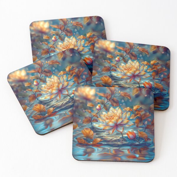 Item preview, Lotus Floral Art Beige and Orange Blossoms on Blue Lake designed and sold by MargaretWiktor.