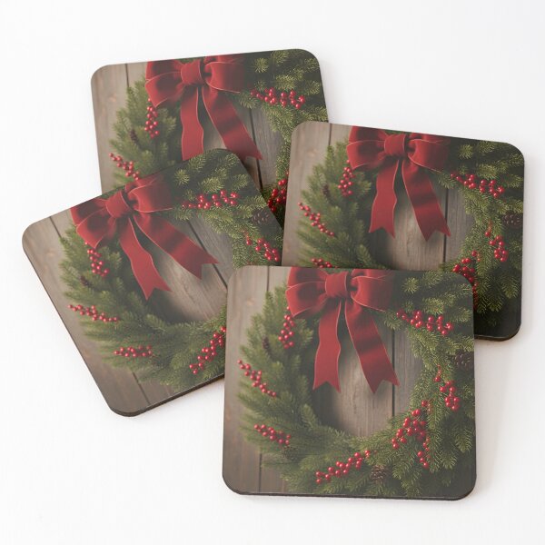 Item preview, Traditional Christmas wreath with red ribbon and berries on a dark wooden wall designed and sold by homydesign.