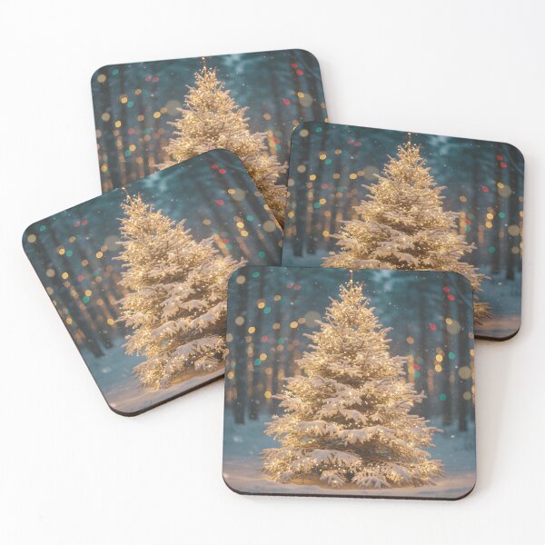 Item preview, Christmas tree covered in snow and warm golden lights in a dark forest designed and sold by homydesign.