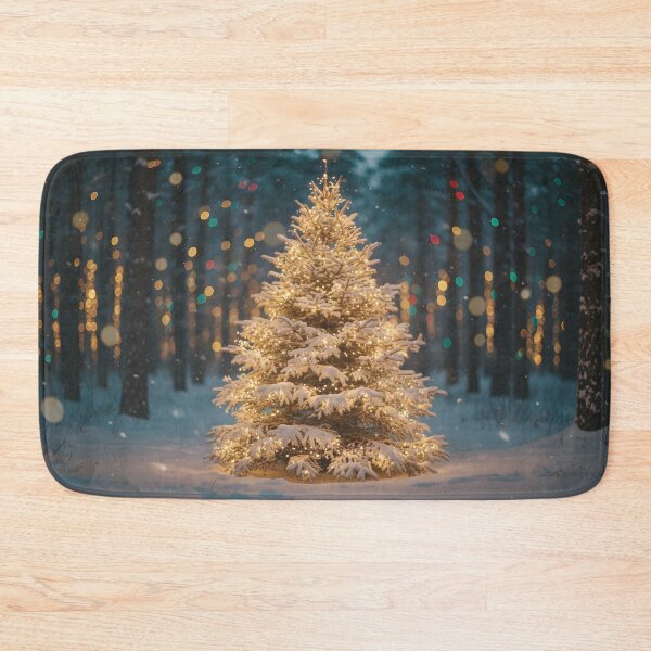 Item preview, Christmas tree covered in snow and warm golden lights in a dark forest designed and sold by homydesign.