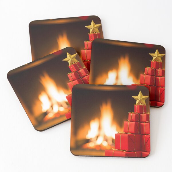 Item preview, Red Gift Boxes Stacked Like a Tree in Front of a Burning Fireplace designed and sold by homydesign.