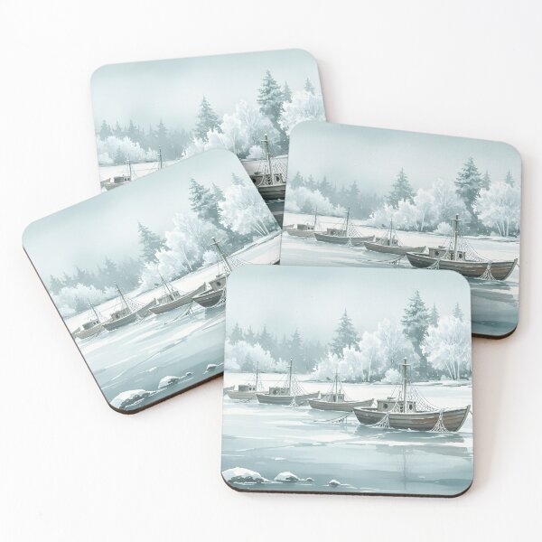 Item preview, Fishing boats moored on a frozen lake with snow-covered trees designed and sold by homydesign.