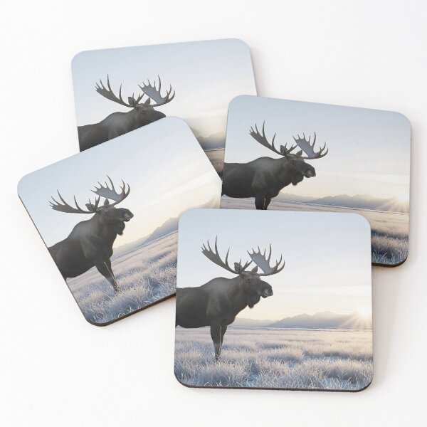 Item preview, Majestic bull moose standing in a frosty winter landscape at sunrise designed and sold by homydesign.