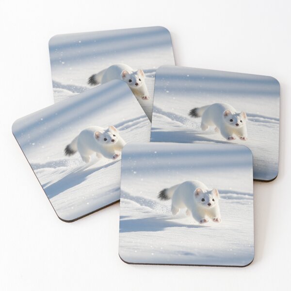 Item preview, White ermine running and leaping across fresh snow designed and sold by homydesign.