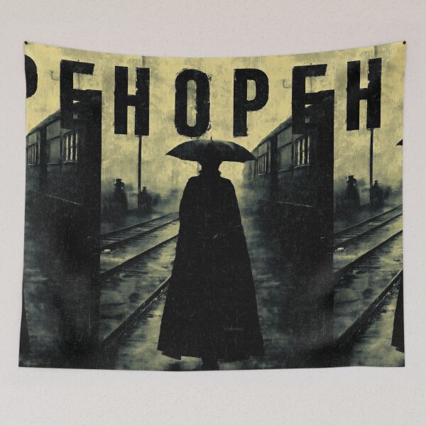 Item preview, Lonely figure with umbrella waiting for a train of hope. designed and sold by Piotrek0001.